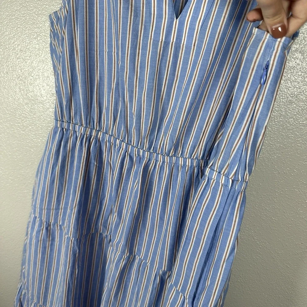J Crew Ruffle-Sleeve Tiered Midi Dress Size 12 Blue Beige Striped Cotton Pockets - Picture 3 of 9